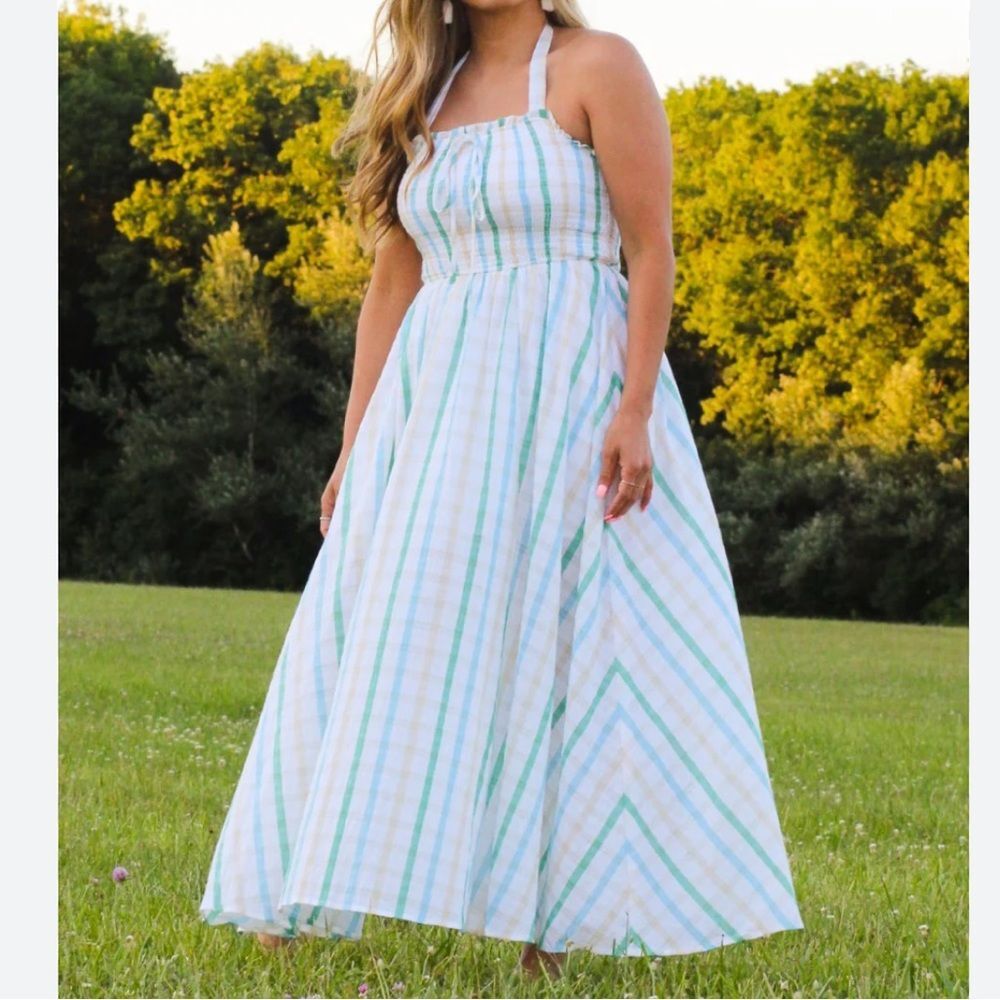 Boutique S Gingham White Halter Maxi Dress Green Yellow